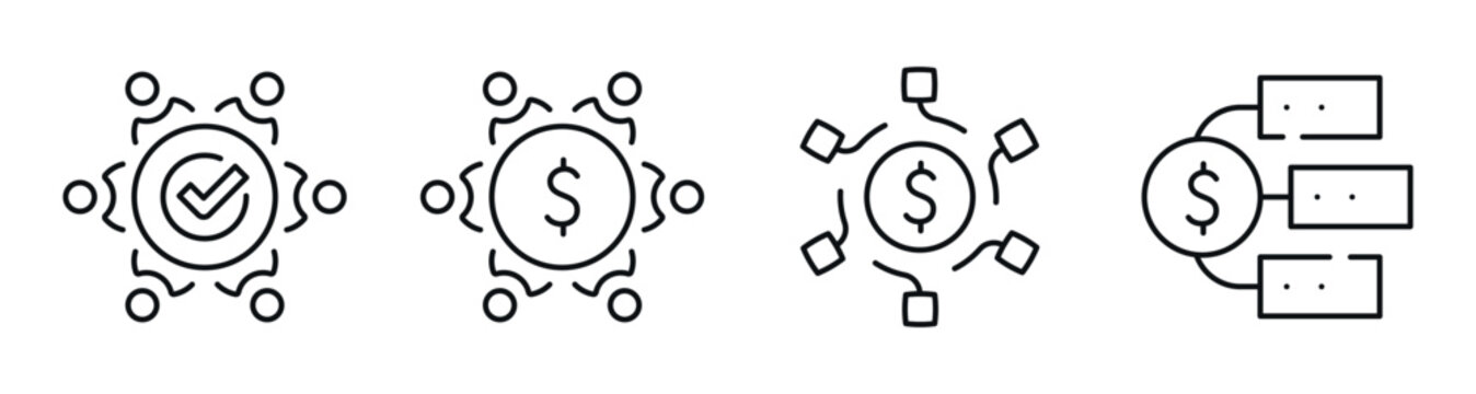 Corporate network showing approval and payment icons on panel. Editable stroke