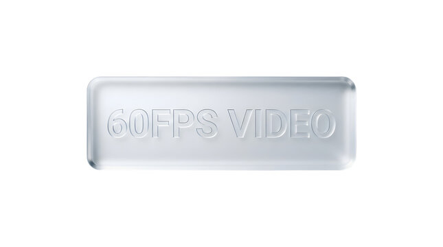 Transparent rectangular glass block with engraved text reading 60FPS VIDEO, isolated on a white background with subtle reflections and shadows, 3D, rendered, transparent background, cutout, png