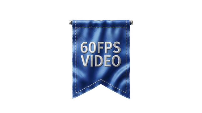 Blue fabric banner with stitched edges displaying 60FPS VIDEO in white embroidered letters, hanging by two metal rods, isolated on transparent background, text, cutout, png, no background
