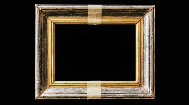 A captivating, old, ornate gold and silver picture frame with delicate tape accents against a stark black background, highlighting classic craftsmanship and elegance