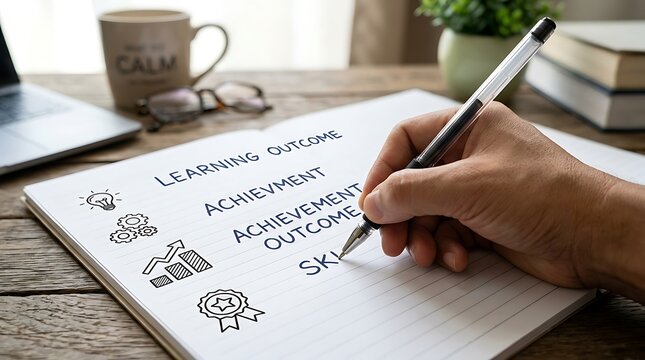 Person writing learning objectives and achievement outcomes in a notebook.