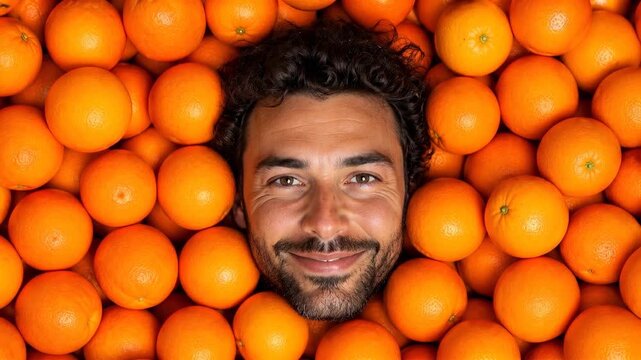 Close-up of a smiling man's face emerging from a vibrant, abundant display of ripe, juicy oranges, highlighting freshness and natural goodness