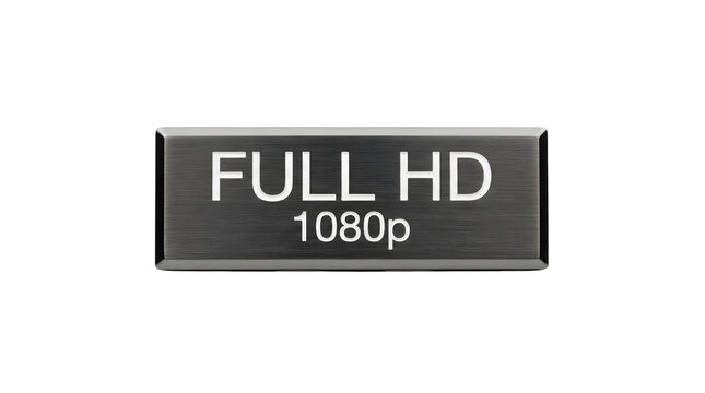 Rectangular brushed metal label with white text reading Full HD 080p, isolated on a transparent background with a slight beveled edge and reflective surface, 1080p, png, cutout, no background