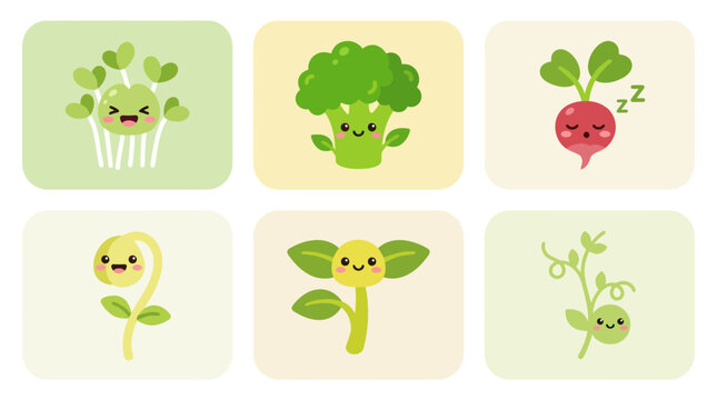 Cute kawaii vegetables and sprouts characters