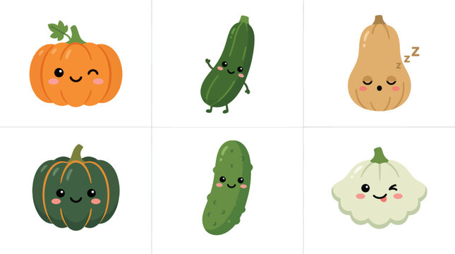Cute kawaii vegetables and squash assortment