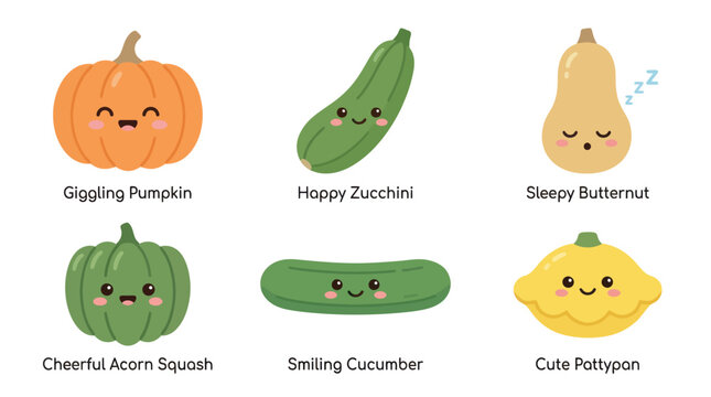 Cute kawaii vegetables and squash assortment