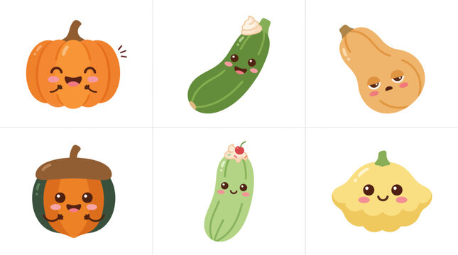 Cute kawaii vegetables and squash collection