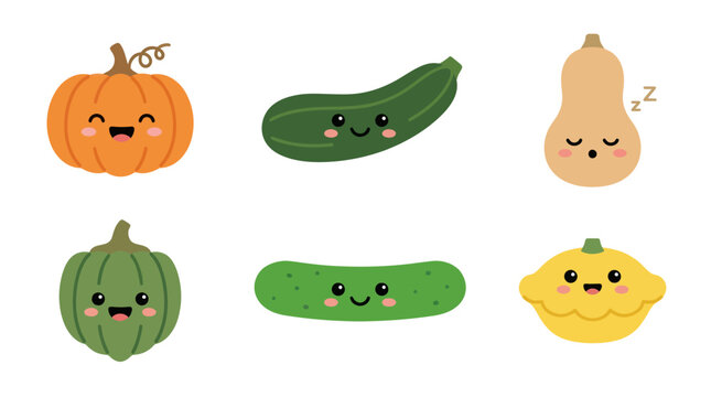 Cute kawaii vegetables and squash assortment