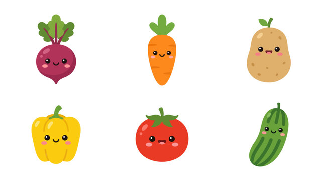 Cute kawaii vegetables characters collection