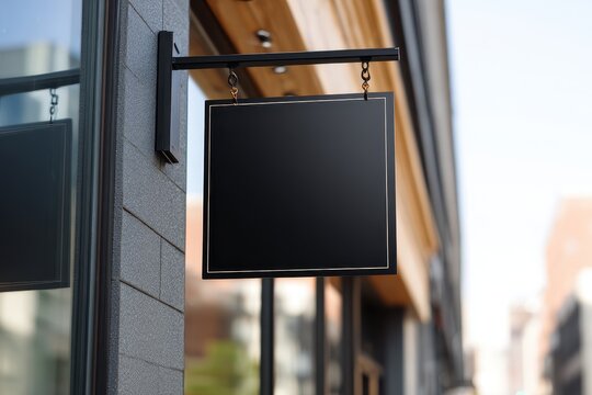 Urban shopfront sign with a blank black square plaque for corporate identity mockup