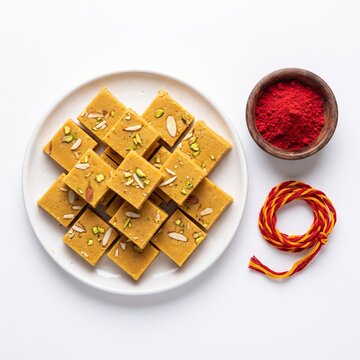 Traditional Besan Barfi Squares Served on White Ceramic Plate with Wooden Bowl.
