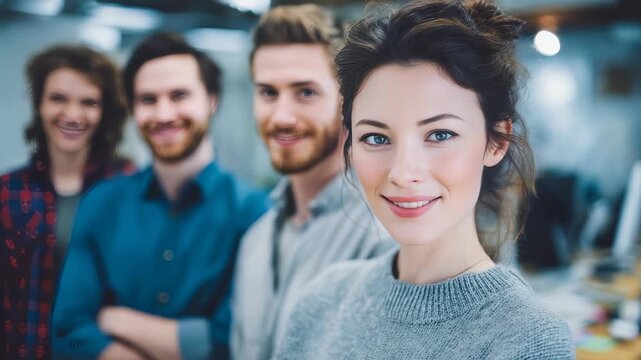 Confident young woman smiling at camera with a diverse group of colleagues standing in a modern office environment. Teamwork and leadership concept in a creative workspace setting