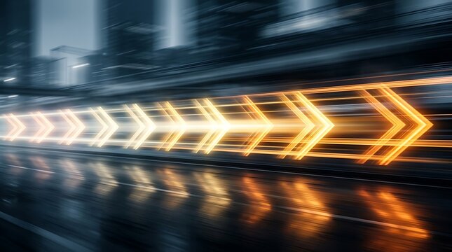 Dynamic motion blur of glowing orange arrows on a sleek modern highway at night, conveying speed and direction
