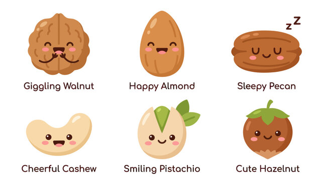 Cute nuts with faces and emotions
