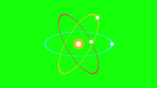Atom model with three tilted electron orbits circling a glowing nucleus, seamless loop isolated on a green screen background for easy chroma keying.