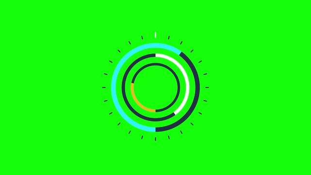 Circular loading spinner with three nested rotating arcs and a ticking outer ring, seamless loop isolated on a green screen background for easy chroma keying.