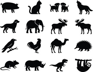 Fototapeta premium Animal Silhouette Icons Vector Set of Wild and Domestic Pets