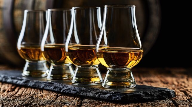 Elegant arrangement of four glasses showcasing golden spirits on a sophisticated dark slate board, set against a blurred background of a rustic wooden barrel and dark ambiance