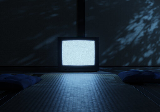3D Rendering of a retro television with bright static screen standing on tatami floor at night