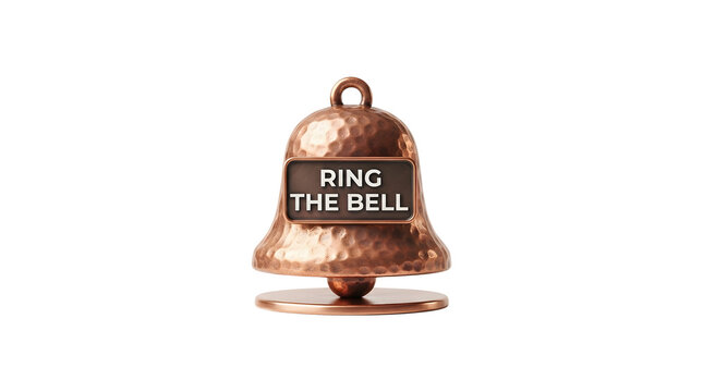 Copper-colored bell with hammered texture, featuring a black label with white text reading RING THE BELL, isolated on a transparent background with a round base, cutout, png, no background, metal