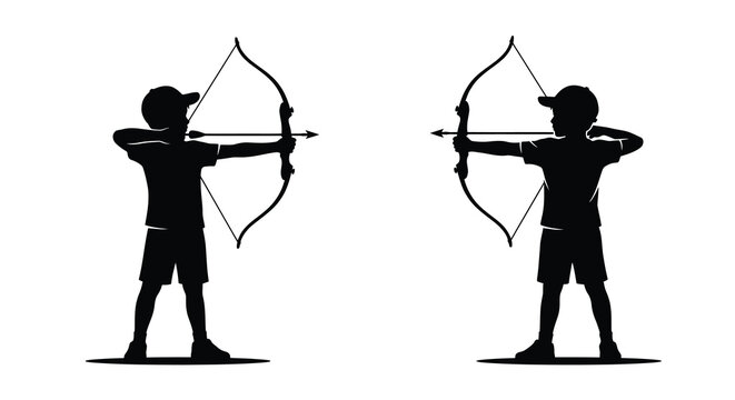 Two archers aiming with bows and arrows depicted as a black silhouette against a white background silhouette archer
