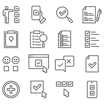 Minimalist checklist line icons, 16 survey and quality control vector symbols, black outline business task management and feedback icons
