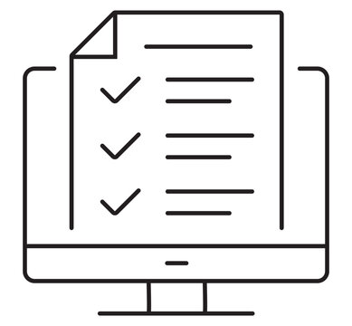 Minimalist online survey icon on computer screen, digital checklist vector illustration, electronic document with check marks for business feedback