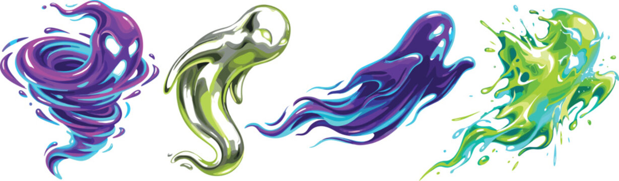Set of vibrant neon slime ghosts, colorful liquid spirits, and glowing ectoplasm monsters for Halloween design.
