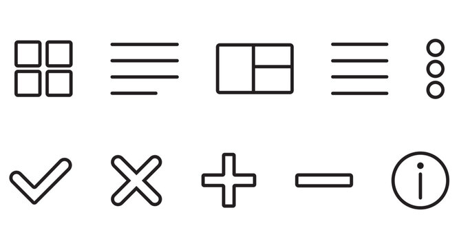 Minimalist UI interface icon set, 10 black line web navigation symbols, modern dashboard layout and menu buttons for mobile app design