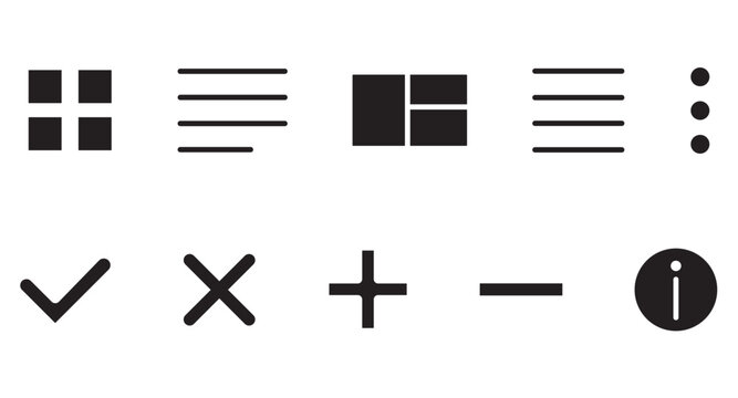 Minimalist UI icon set with 10 black vector symbols, essential web interface navigation elements, clean flat layout and menu buttons for mobile app design