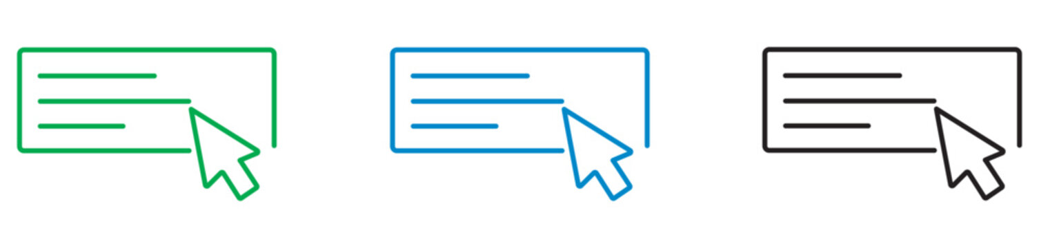 Minimalist mouse cursor clicking button icons, set of 3 linear web link symbols in green blue and black, digital navigation interface vector elements