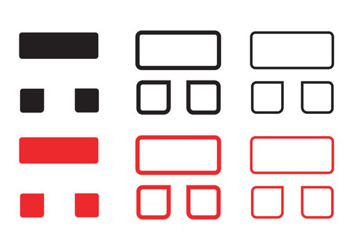Minimalist UI wireframe elements, black and red interface layout icons, geometric rectangle and square button set for web design and app prototyping