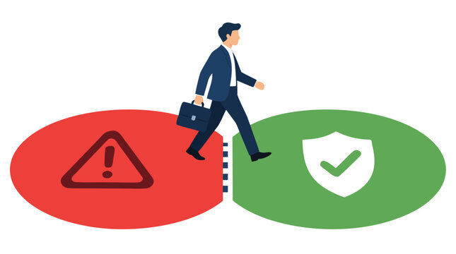 Businessman stepping from a red danger zone into a green safe zone, symbolizing risk assessment, protection, security, decision making, transition, caution, and successful problem avoidance in flat