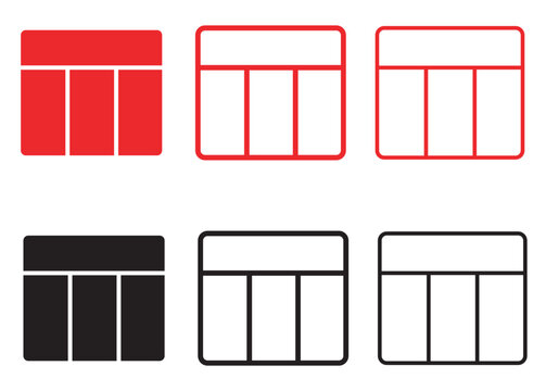 Minimalist website layout icons set, red and black wireframe grid symbols, flat vector UI design elements for dashboard and landing page structure