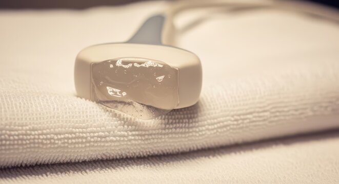 Medical ultrasound transducer probe with gel on a soft white towel, close-up detailed shot