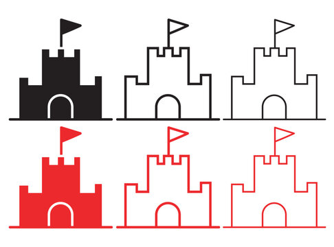 Minimalist sandcastle icon set in black and red, flat vector sand castle silhouettes and outlines, 6 beach vacation symbols for summer travel design