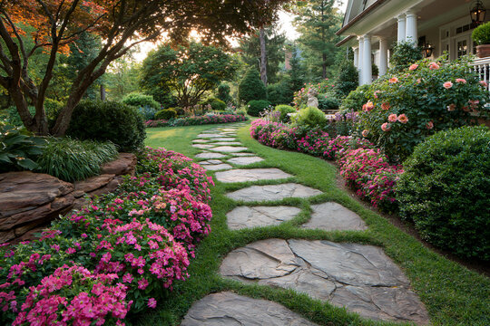 Serene Garden Path with Vibrant Flowers and Greenery