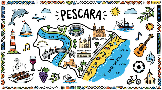 Pescara Italy Travel Doodle Illustration,  Colorful Hand Drawn Adriatic Coast Sketch