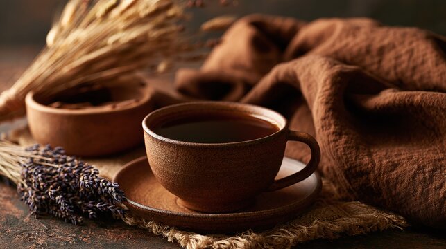 A perfectly brewed, warm cup of coffee in an earthy ceramic mug, complimented by a rustic background featuring dried lavender and a bundle of wheat, evoking a cozy, autumnal atmosphere