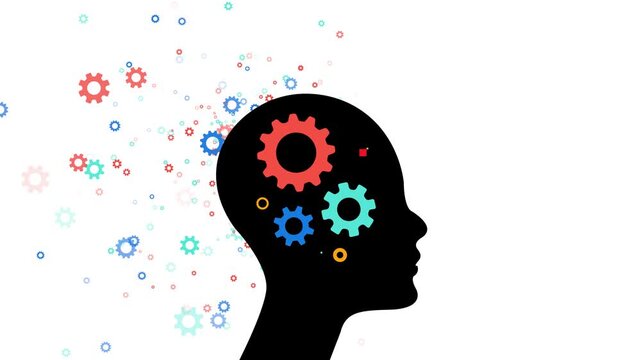 Creative human head gear black silhouette, cog wheels, and clean white space. for education , psychology visuals, idea animations, problem solving promos, business training, innovation presentations.