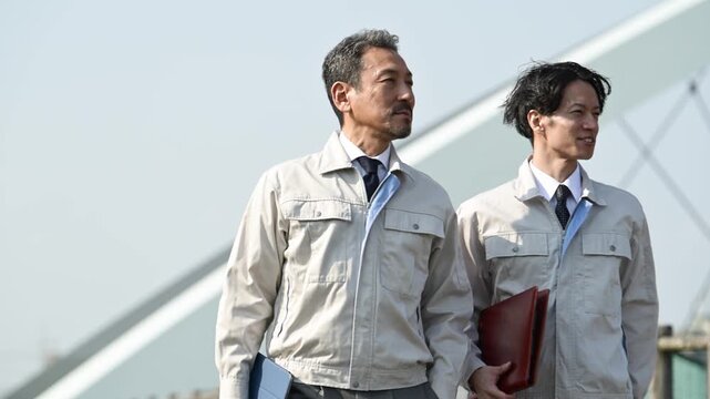 橋梁工事の現場で指差しをしながら打ち合わせを行う30代と50代の作業員