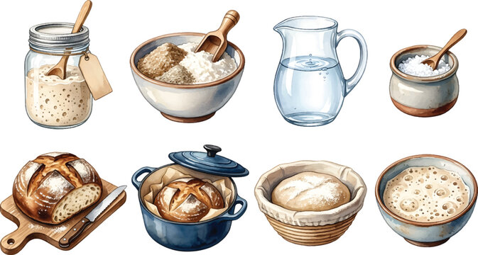 Vector Illustration Sourdough Baking Process Watercolor Clipart Set for Bakery and Culinary Design