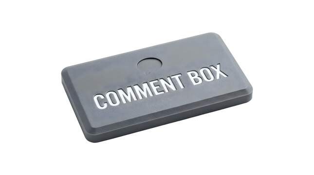 Gray rectangular comment box with embossed text and a circular hole, isolated on a transparent background, cutout, png, no background, container, feedback, suggestion, plastic, object, label