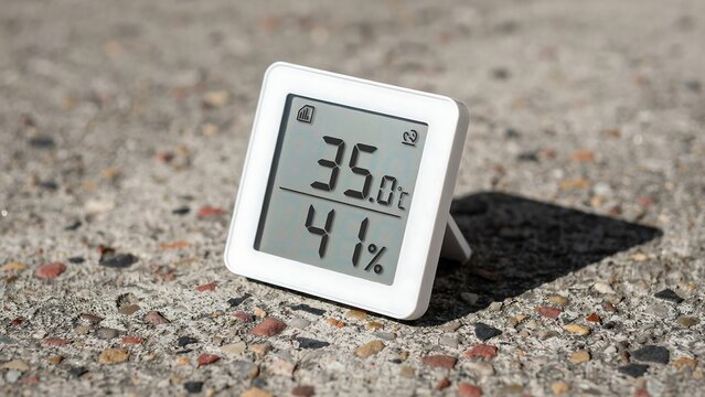 White digital thermometer hygrometer on concrete measuring high temperature and humidity in direct sunlight