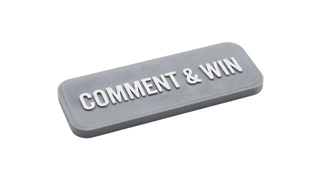 3D rendered rectangular gray button with embossed text reading COMMENT WIN isolated on transparent background with subtle shadow effect, cutout, png, no background, metallic, shiny, raised, modern