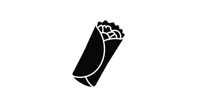 A black silhouette of a wrapped burrito with visible fillings on a white background silhouette wrap tortilla mexican