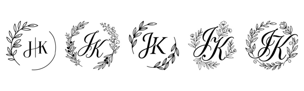 JK Monogram Set with Elegant Botanical Wreath and Floral Initial Letters Vector