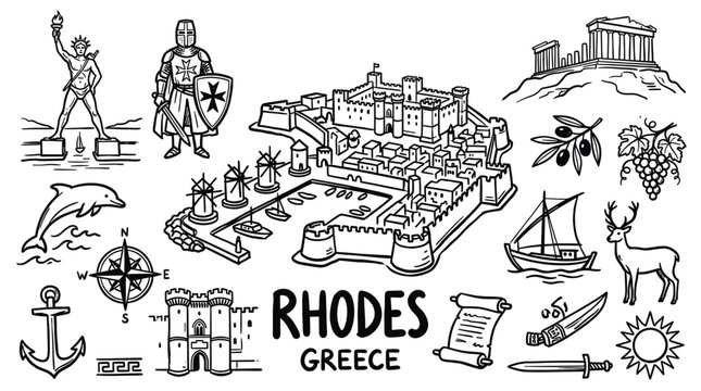 Rhodes Greece Travel Doodle Illustration,  Hand Drawn Mediterranean Island Line Art