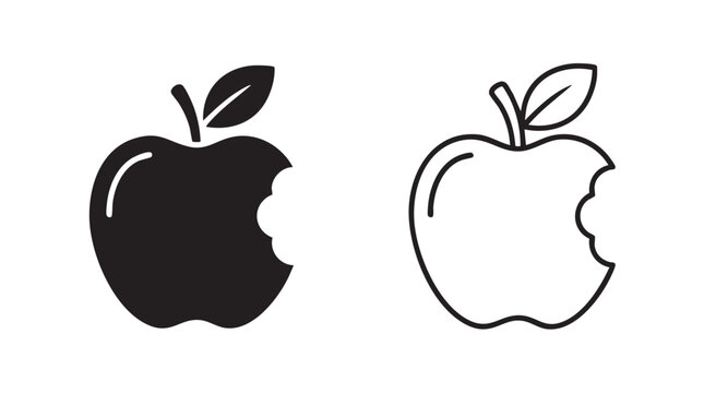 apple with bite taken black silhouette outline art vector icon black silhouette black silhouette and outline art vector icon