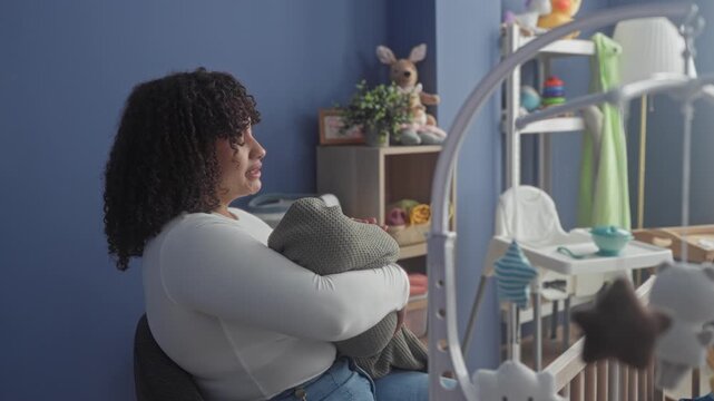 Woman cradles swaddled baby in gray blanket, rubs eyes and rests head beside crib with stuffed bunny against blue wall in building; exhaustion solace.